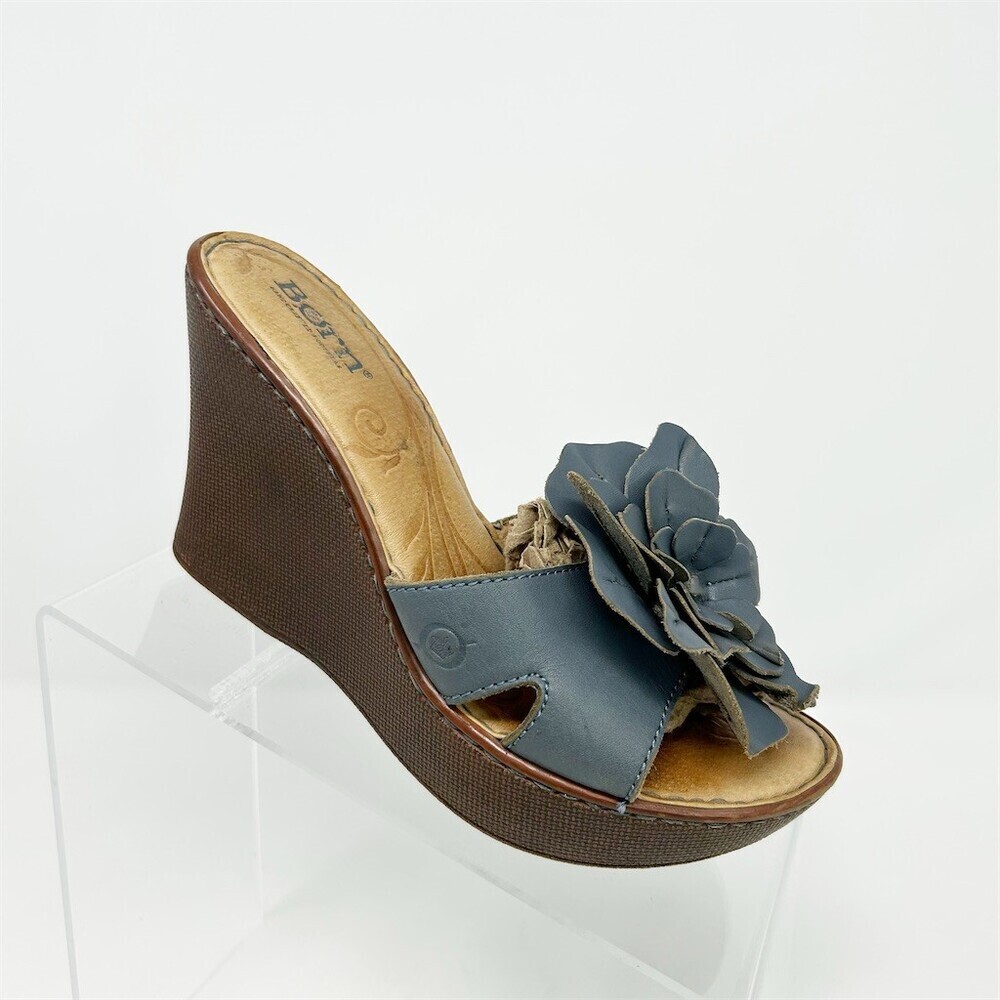 Born Womens Slide Wedge Platform Sandals Blue Floral Rosette Open Toe Size 6